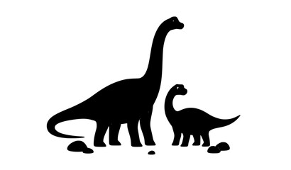 Black silhouette illustration of a large dinosaur and a baby dinosaur against a white background © Alamin