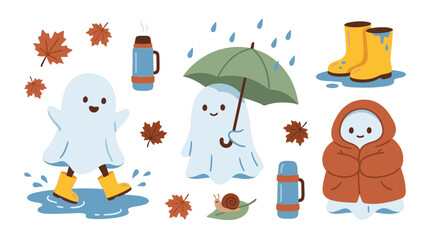 Fototapeta premium Ghosts Rainy Autumn Clipart Set with Boots Umbrella Puddles