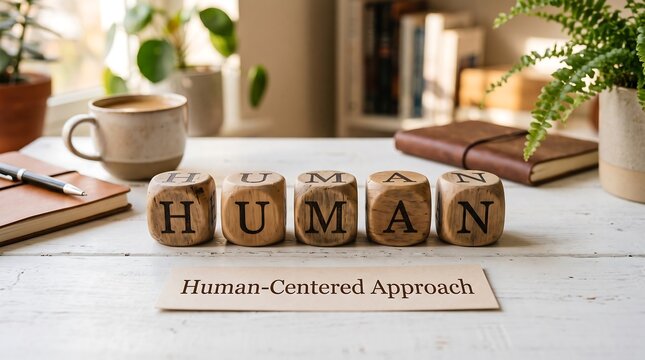 Wooden blocks spelling human on a desk with office supplies