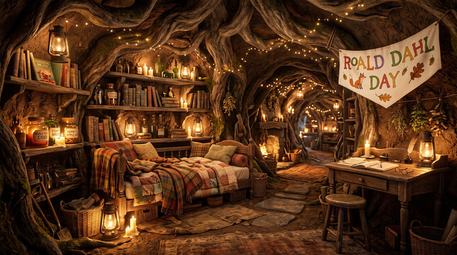 Roald Dahl Day whimsical celebration storybook imagination cozy lantern-lit room books creativity inspiration resilience wonder heritage tradition artistry community   generative ai