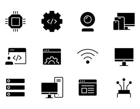 Modern technology icons set, black solid vector symbols for software development, computer hardware and web programming elements