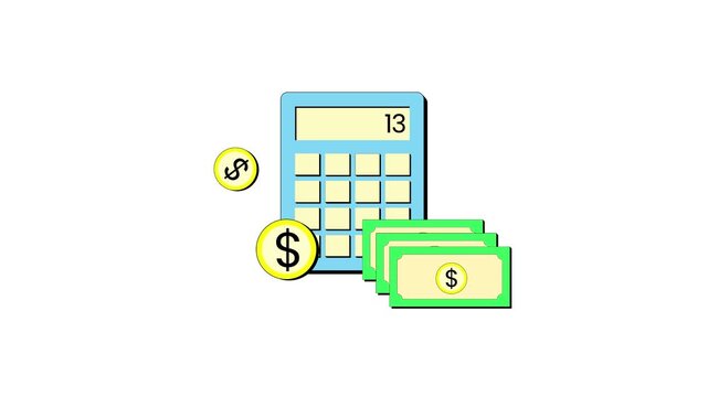 Animated of financial management and economic planning, depicting a calculator, cash bills, and coins, symbolizing budgeting and expense tracking