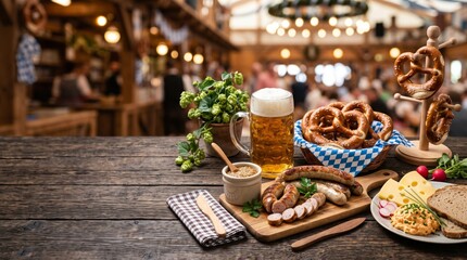 Fototapeta premium Traditional Bavarian food table with beer, pretzels, sausages, mustard, cheese and hops in a festive beer hall