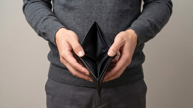 Man holding open an empty wallet showing no money, symbolizing financial crisis, debt, and poverty