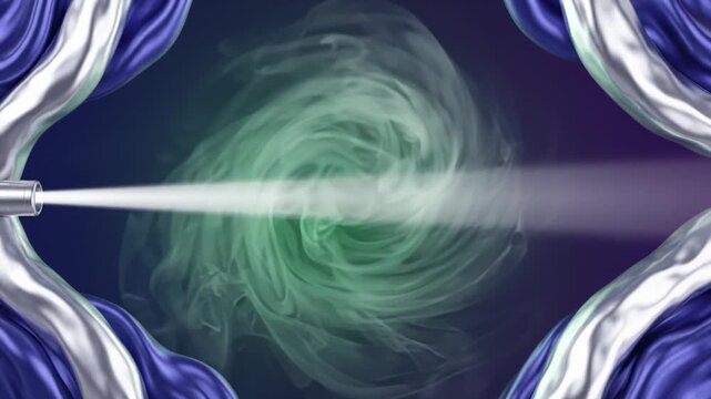 Spotlight Beam Moving Across Swirling Green Smoke With Blue Curtains Background