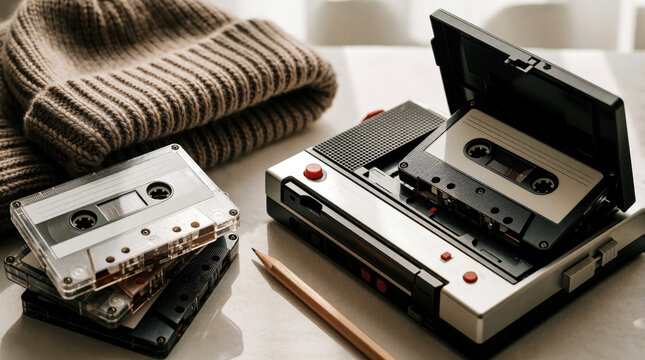 Collection of audio cassettes sits next to portable tape player, knitted beanie. Pencil lies on table, suggesting moment of pause or creation. This scene evokes feelings of nostalgia, analog sound.