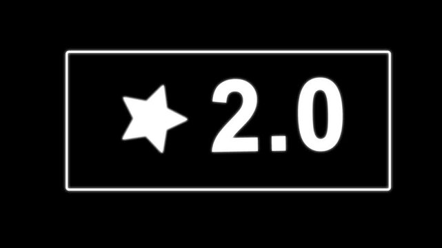 White 2.0 star rating badge animation on black background, customer feedback and review score concept