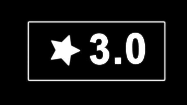White 3.0 star rating badge animation on black background, customer feedback and review score concept
