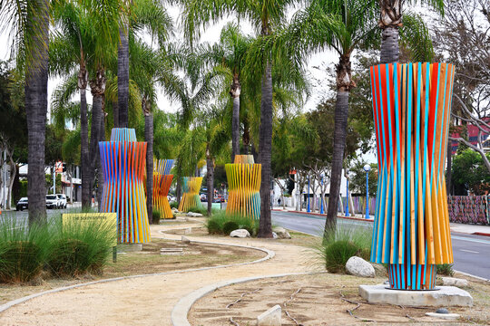 West Hollywood, California &ndash; July 1, 2026: The Seven Sisters temporary public art installation by Matthias Neumann on the Santa Monica Boulevard Median at N. Doheny Drive