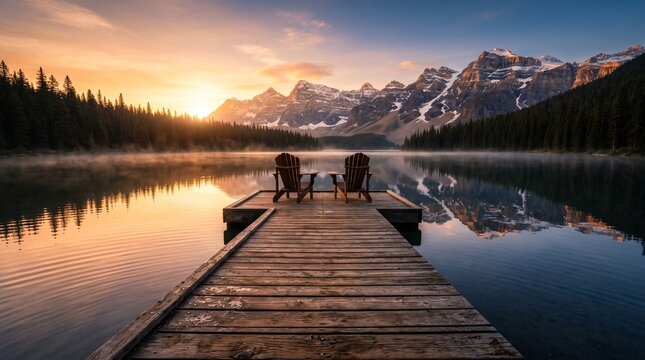Two empty chairs on a wooden dock at a serene mountain lake during a golden sunrise.