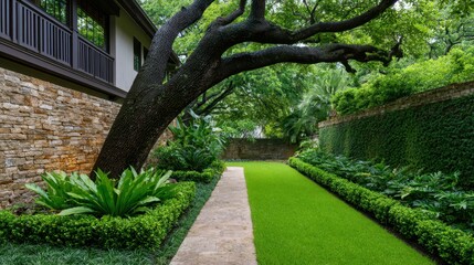 Obraz premium Serene Landscape with a Curved Tree and Lush Greenery Amidst Stone Walls and Vibrant Plant Life in a Peaceful Outdoor Garden Setting