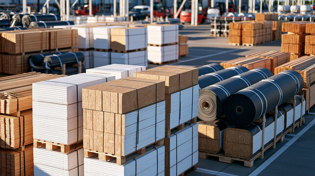 High-angle view of an outdoor building materials yard containing organized pallets of insulation boards, waterproofing membrane rolls and bundles of wooden wall lathing, clear pathways between stora