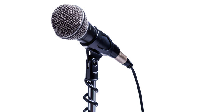 Black dynamic microphone on stand with coiled cable, isolated on transparent background