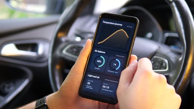 Driver checks a mobile climate dashboard showing temperature, humidity, wind and air quality, reflecting real-time environmental awareness and smart travel planning.