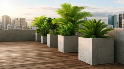 Fototapeta premium Modern urban rooftop garden with vibrant green plants in concrete planters overlooking city skyline at sunset for relaxation and tranquility