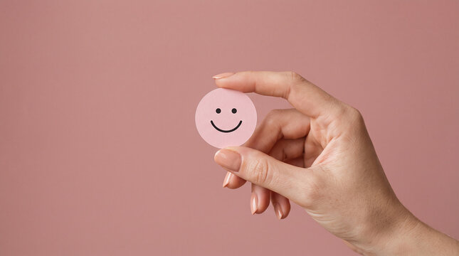 Pink smiley face hand minimal design positivity joy simplicity soft pastel background happiness resilience inspiration mindfulness compassion emotional connection   generative ai