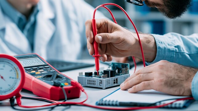 Focused technician uses red multimeter probe to test electrical electronic circuit board components during careful professional industrial laboratory research inspection