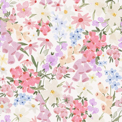 Naklejka premium Seamless pattern with bright pink wild meadow flowers, foxgloves. Blossom spring summer nature, whimsical botany