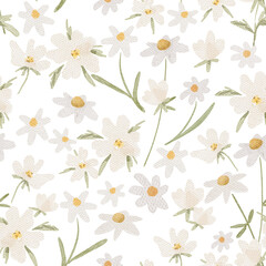 Naklejka premium Seamless pattern with white elegant wild meadow flowers, chamomile, daisies. Blossom summer nature, whimsical botany