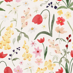 Naklejka premium Seamless pattern with bright wild meadow flowers. Blossom spring summer nature. Tulips, foxglove, whimsical botany