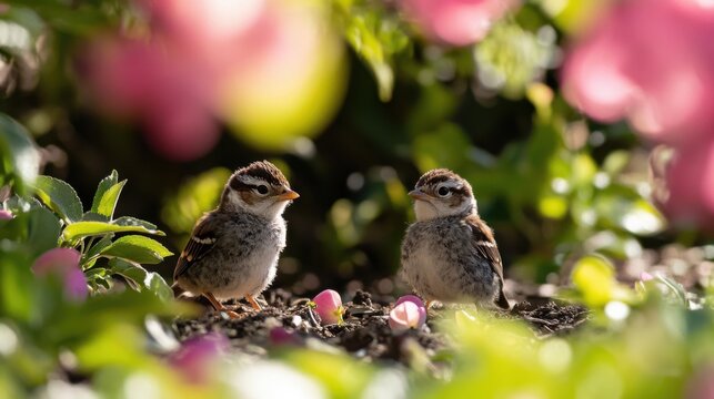 Two small birds in a garden with pink flowers