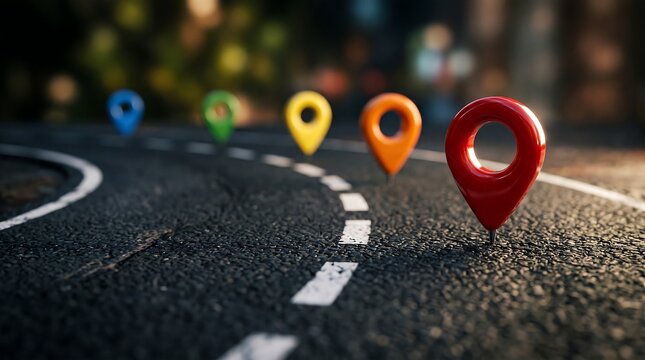 Colorful map pin markers placed along a winding asphalt road, representing travel routes, navigation, and key milestones.