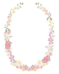 Fototapeta premium Flower frame with wild meadow flowers, hand drawn whimsical botany, wreath for cards, invitations