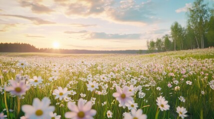 Fototapeta premium sunset over white flowers field