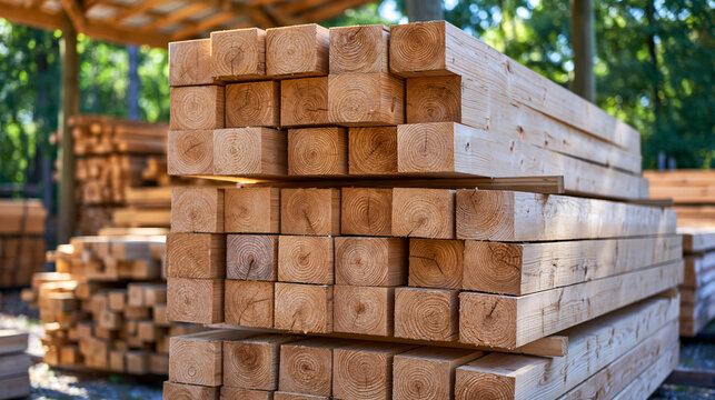 Large stacks of untreated wooden rafters and roof beams stored outdoors beneath a simple protective canopy, different lengths arranged in layers with wooden spacers between them, realistic lumber ya