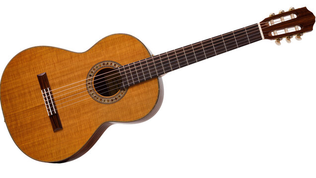 Acoustic guitar with wooden body and strings, isolated on transparent background