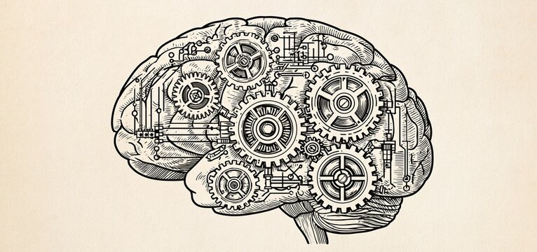 A detailed mechanical brain featuring interconnected gears and circuits arranged in a vintage steampunk style, symbolizing intelligence and cognitive function.