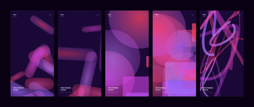 Set of five abstract vertical posters with neon gradient geometric shapes and fluid lines