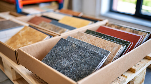 Mixed ceramic tile samples arranged in open cardboard boxes on wooden pallets, various colors, patterns, textures and sizes visible, indoor construction material storage area with natural window lig