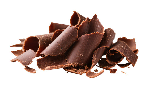 Dark chocolate shavings curls a pile of sweet confectionery, isolated on transparent background