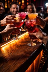 Fototapeta premium Friends raise glasses with colorful cocktails for a toast at bar. People enjoy alcoholic drinks and socialize at club party. Celebration happens at night.