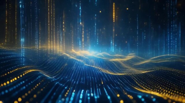 Abstract Big Data Stream Wave in Blue and Gold