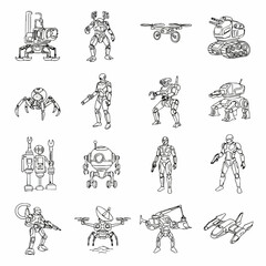 Naklejka premium Collection of futuristic robot and drone line art illustrations