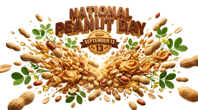 National Peanut Day street food stall. October 13th date sign. Roasted nuts vendor in busy city. Evening atmosphere with pedestrians and steam rising from hot food cart.