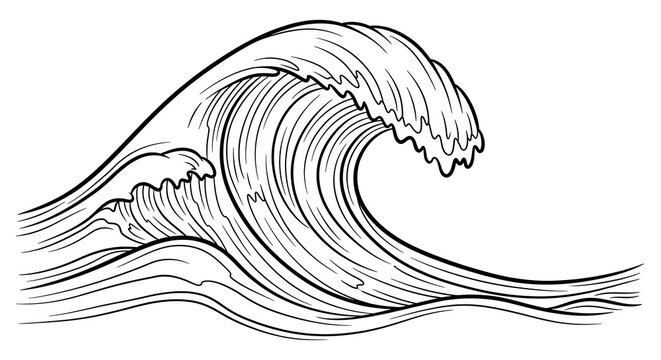 Vintage engraving of a powerful ocean wave with intricate details and a classic illustrative style