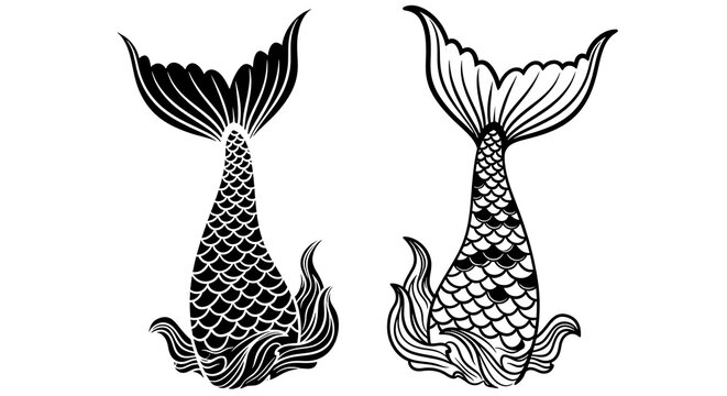 Two ornate mermaid tails in black and white illustration with detailed scale patterns and flowing fins
