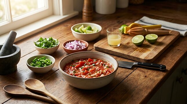 Fresh homemade taco bowl with beans and vegetables prepared on a wooden kitchen counter in the morning. chef teaching salsa