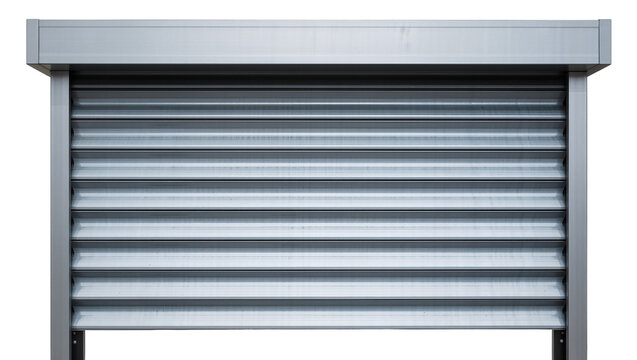Closed metallic roller shutter door, security barrier isolated on transparent background