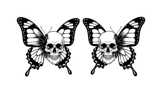 Two detailed skull and butterfly illustrations in a vintage etching style black and white