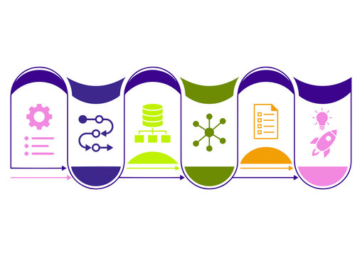 Six-Step Wavy Infographic Workflow Diagram Featuring Creative Icons for Business Process Optimization and Strategic Project Management Planning