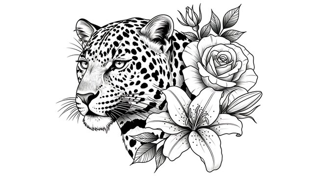 Elegant black and white illustration of a leopard face combined with delicate floral arrangements