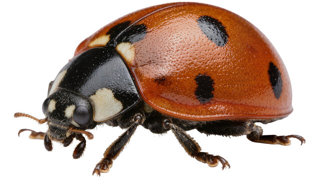 Detailed macro view of a red ladybug with black spots, isolated on transparent background