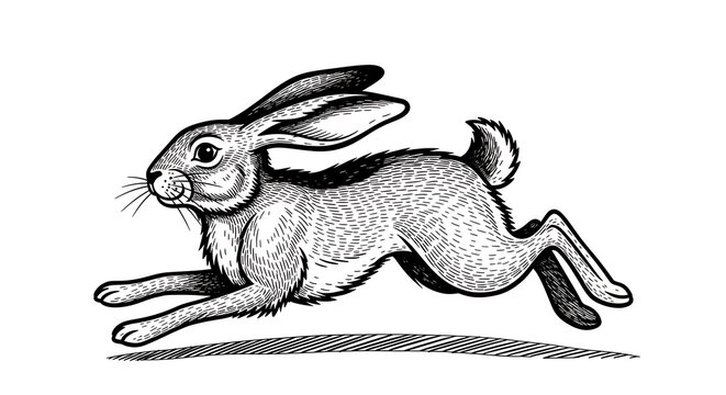 Vintage engraving of a hare running across a field with detailed fur texture and classic style