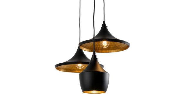 Three black pendant lamps with gold interiors, isolated on transparent background