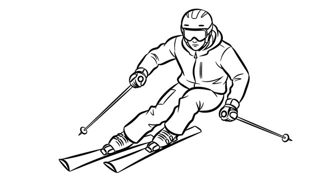 Line art illustration of a skier in action gracefully navigating a snowy mountain slope with poles