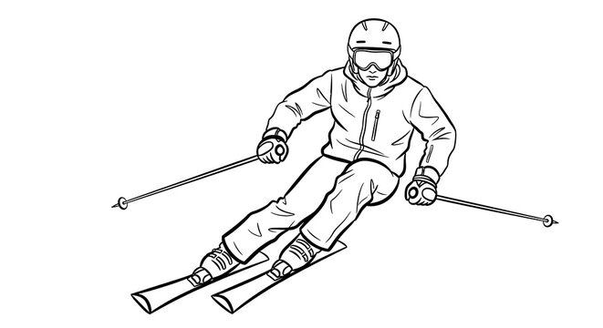 Sketch of a downhill skier in action with poles and winter gear on a snowy mountain